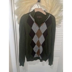 Tasso Elba Men's Size Large Plumb Sweater Grey Diamond Plaid 1/4 Zip 100% Cotton